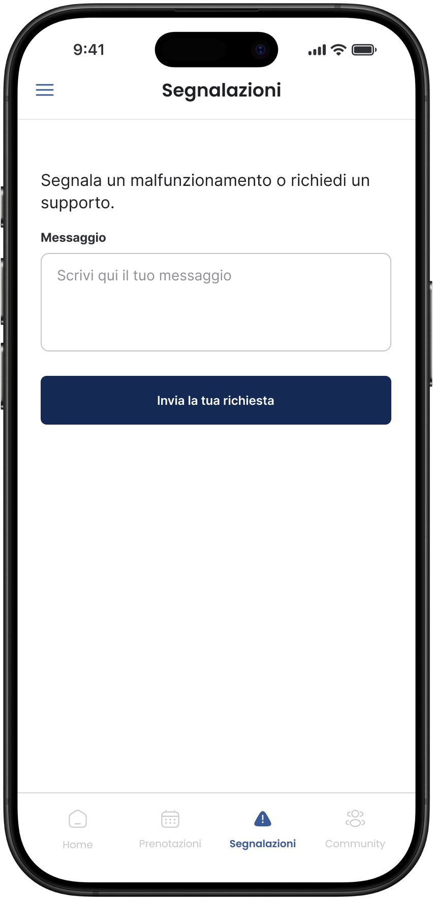 Schermata di un'app segnalazioni con campo per inserire un messaggio di malfunzionamento o richiesta di supporto e pulsante blu per inviare la richiesta.