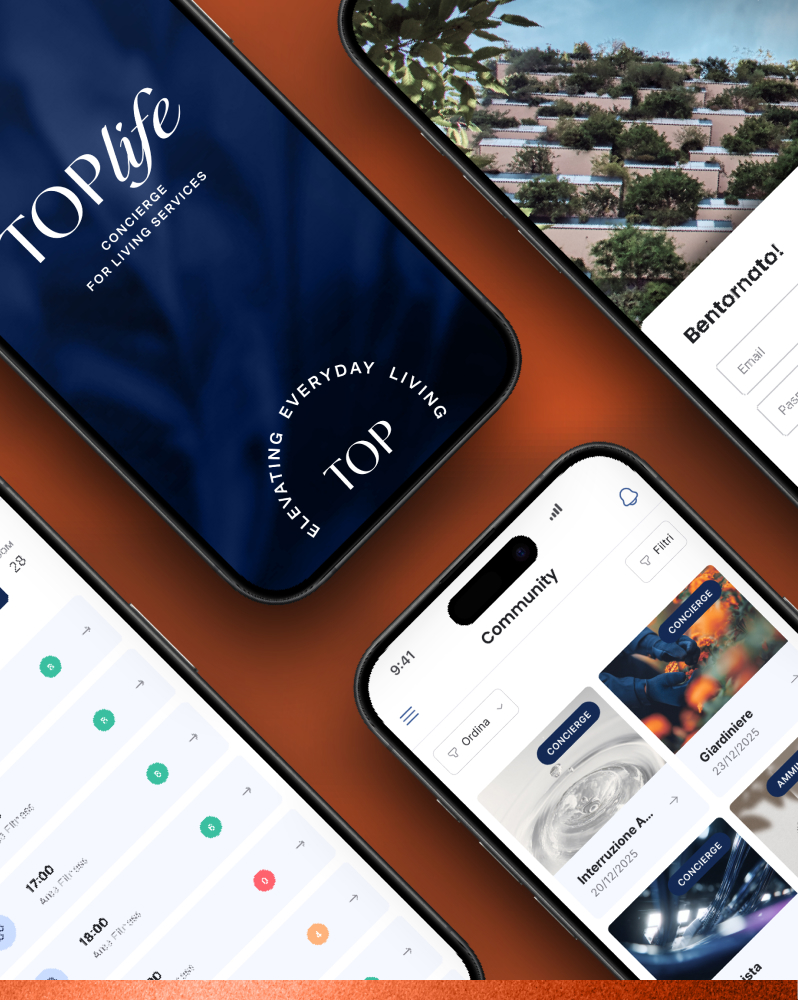 Quattro smartphone visualizzano l'app TOPlife Concierge con interfacce di servizio di comunità, calendario e immagine naturale su sfondo arancione.